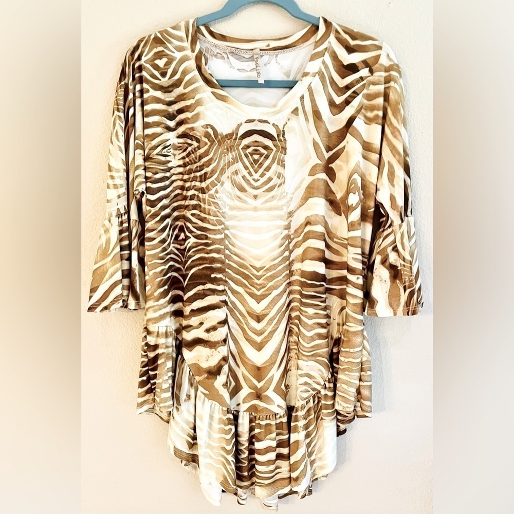 🐅 FLOWY SLINKY Asymmetrical Flowy Paolino M Top Neutral Desert Jeans Boots Boho